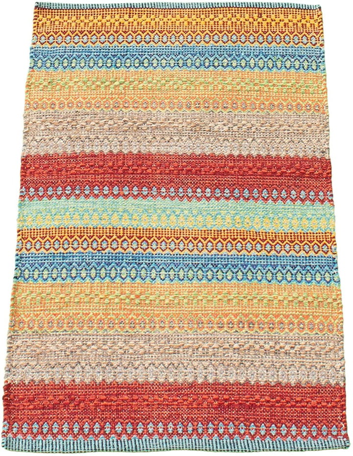 Flat Weave Bold Colorful Khaki Red Wool 2'0 X 3'0 Ivory Stripe Patterned Southwestern Transitional Rectangle Cotton Latex Free Handmade Made - Diamond Home USA