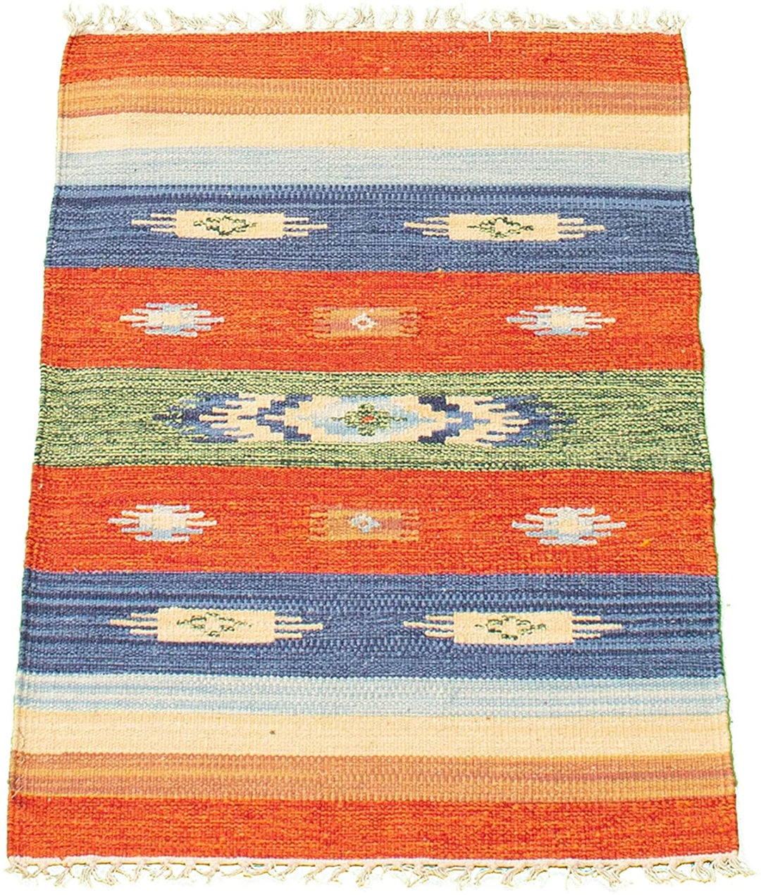 Flat Weave Bold Colorful Red Wool 2'0 X 3'0 Stripe Patterned Southwestern Transitional Rectangle Cotton Latex Free Handmade Made Order - Diamond Home USA