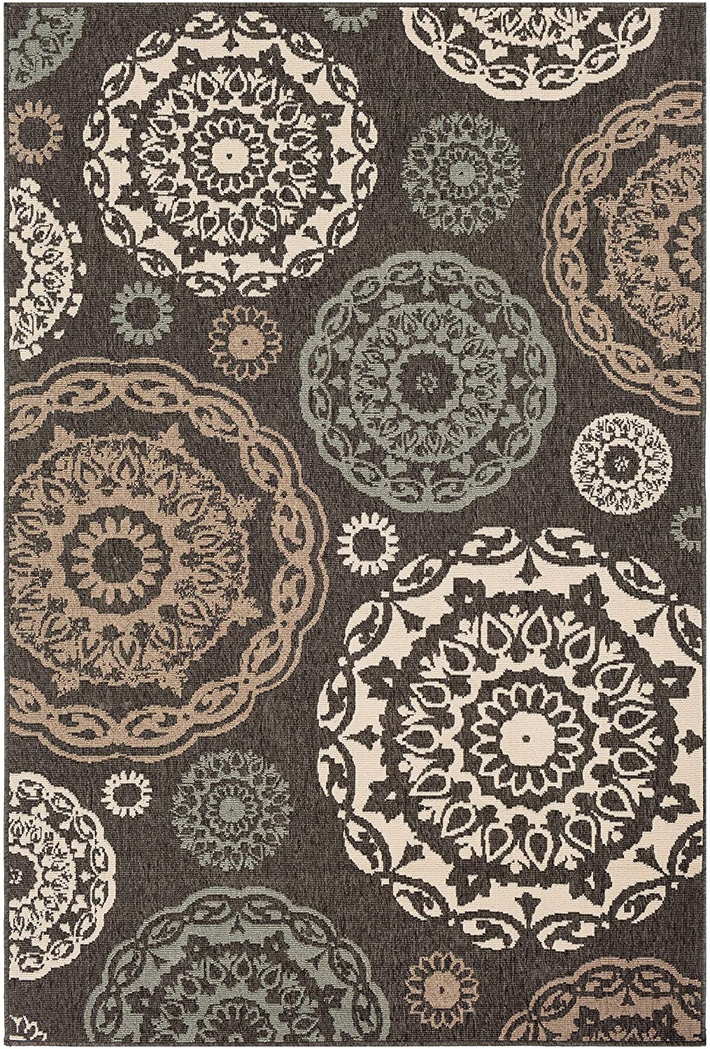 Transitional Indoor/Outdoor Area Rug 3'7" X 5'7" Black Blue Cream Medallion Rectangle Olefin Latex Free Pet Friendly Stain Resistant - Diamond Home USA
