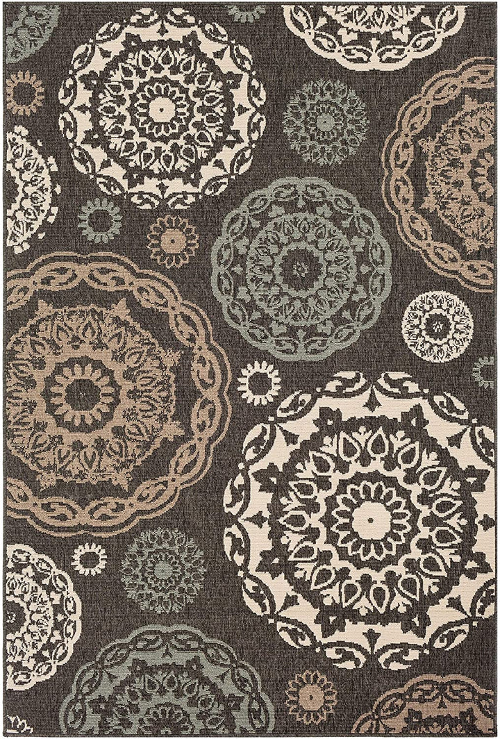 Transitional Indoor/Outdoor Area Rug 3'7" X 5'7" Black Blue Cream Medallion Rectangle Olefin Latex Free Pet Friendly Stain Resistant - Diamond Home USA