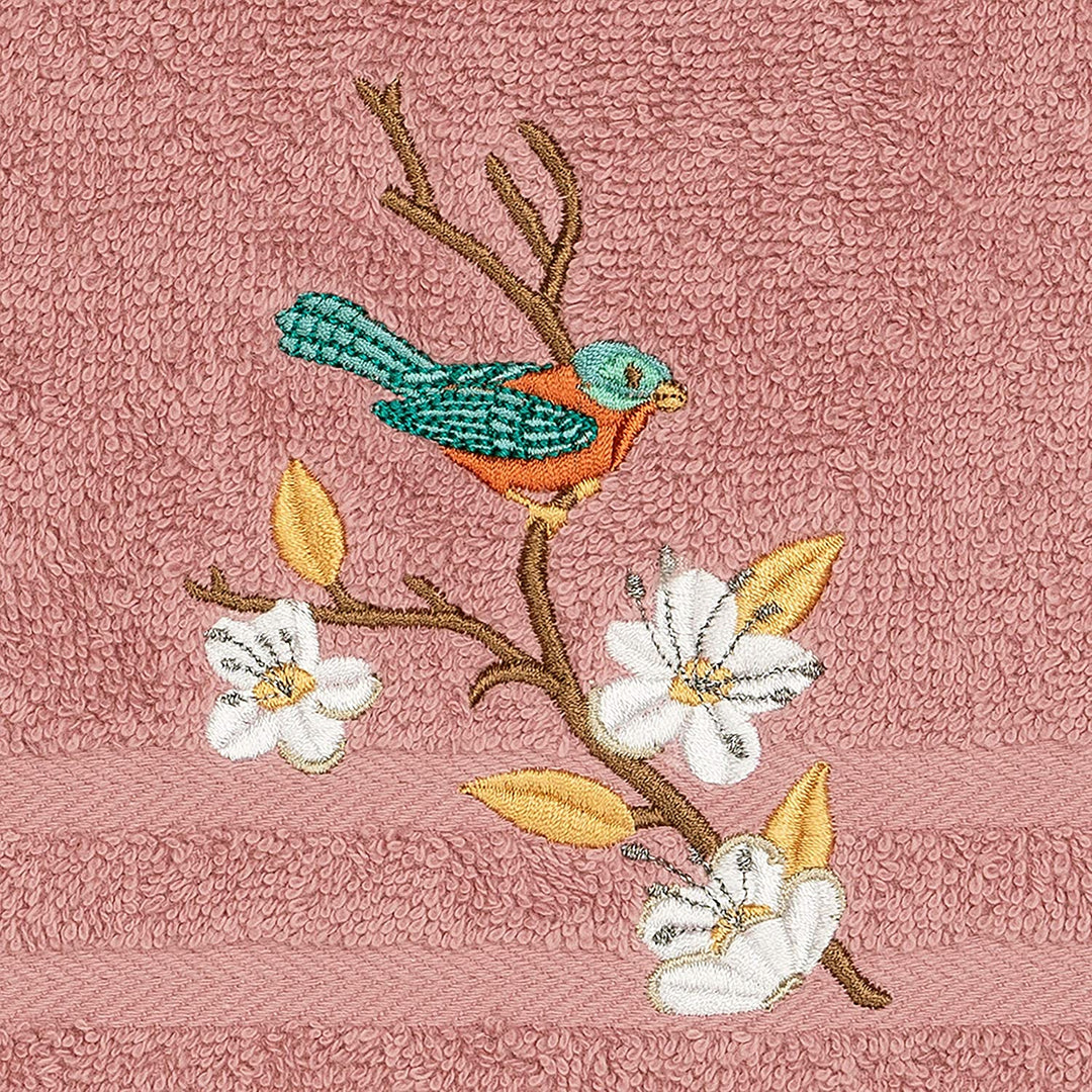 Turkish Cotton Blue Bird Embroidered Tea Rose Hand Towel Pink Terry Cloth - Diamond Home USA