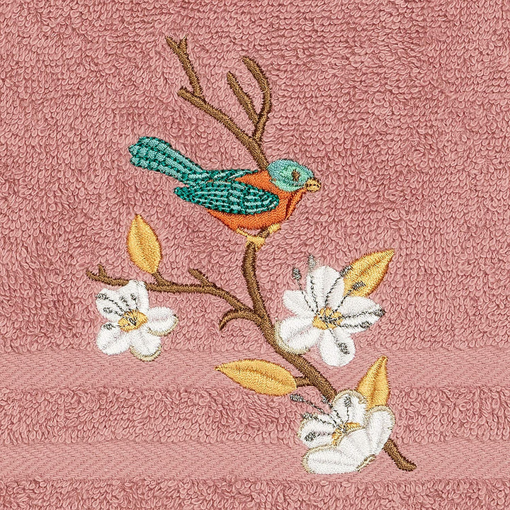 Turkish Cotton Blue Bird Embroidered Tea Rose Hand Towel Pink Terry Cloth - Diamond Home USA
