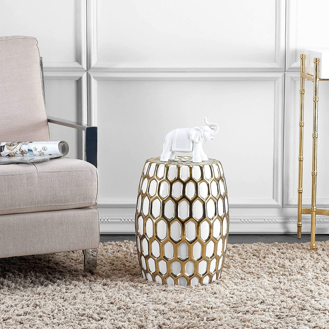 Honeycomb Ceramic Decorative Garden Stool Gold White