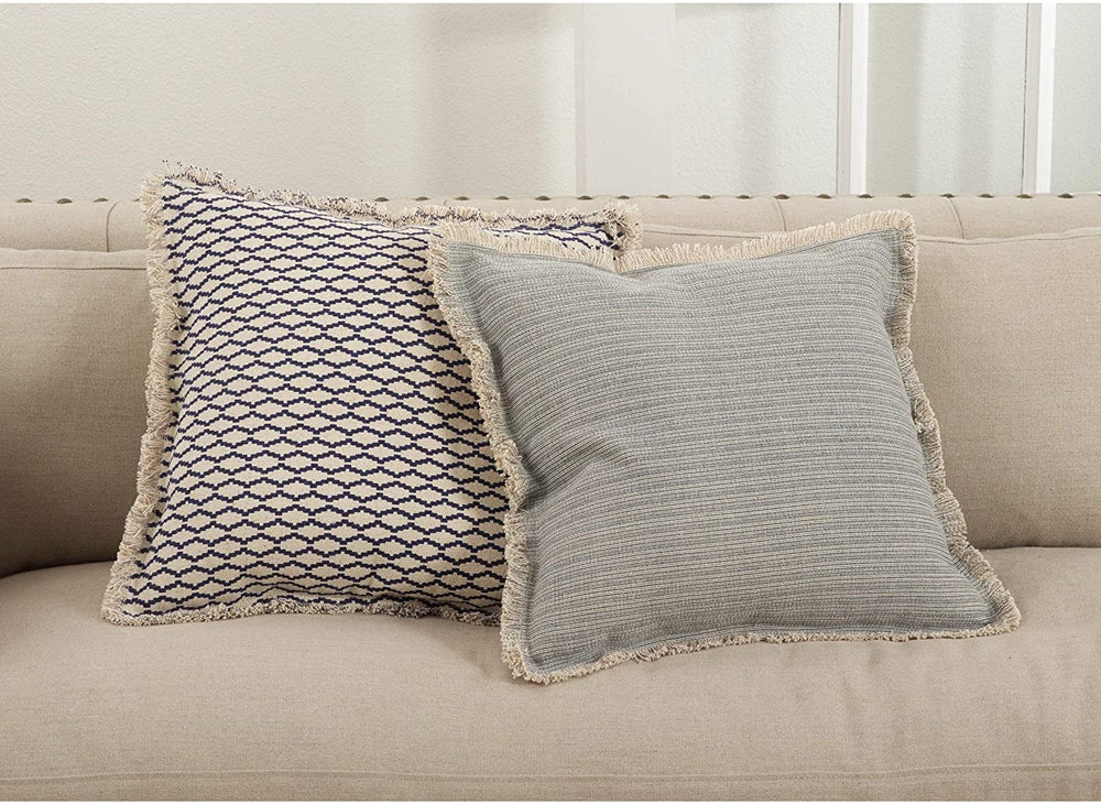 Fringed Pinstriped Down Filled Cotton Throw Pillow Grey Off/White Geometric Modern Contemporary