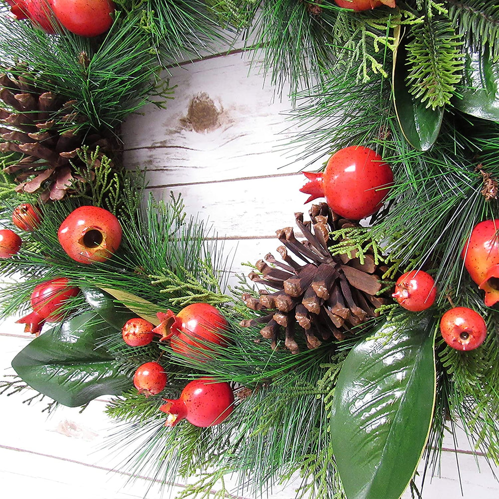 Mixed Pomegranate Pine Cone Magnolia Leaf Wreath 24in Red Green 24" L X W 5 5" Dp Un lit - Diamond Home USA