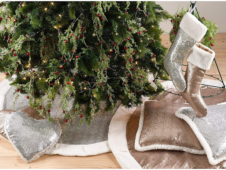 Glittery Sequin Sherpa Cuff Holiday Stocking Silver Gold