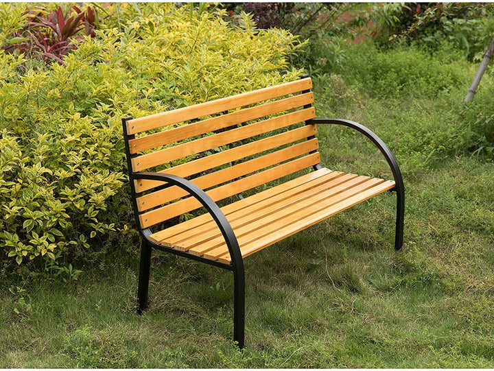 MISC Classical Wooden Outdoor Park Patio Garden Yard Bench Steel Frame Black