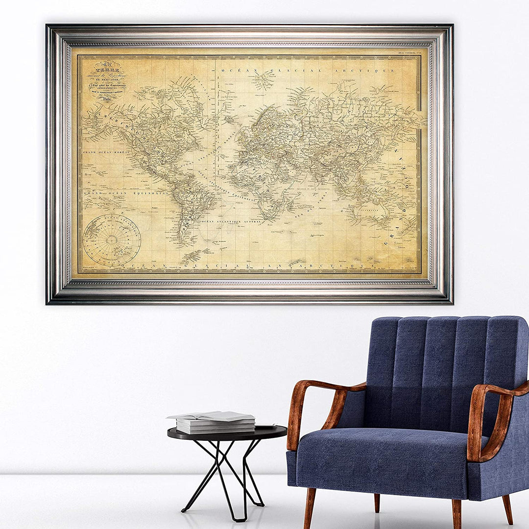 Vintage Map V Parchment Silver Frame Traditional Rectangle