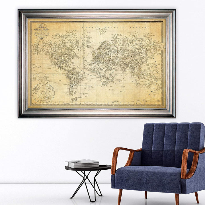 Vintage Map V Parchment Silver Frame Traditional Rectangle