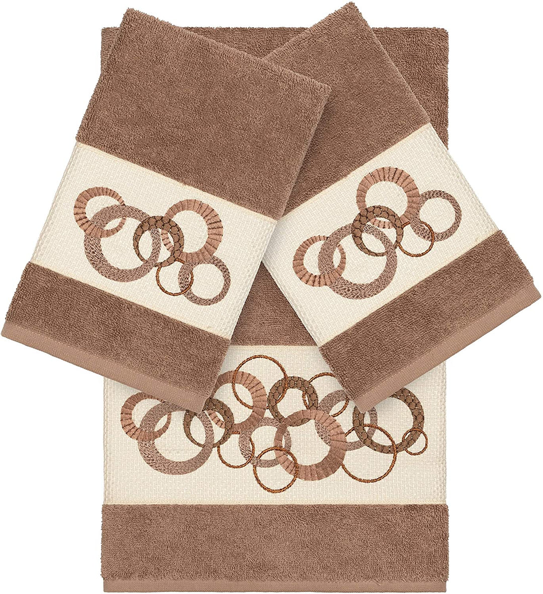 Turkish Cotton Circles Embroidered Latte Brown 3 Piece Towel