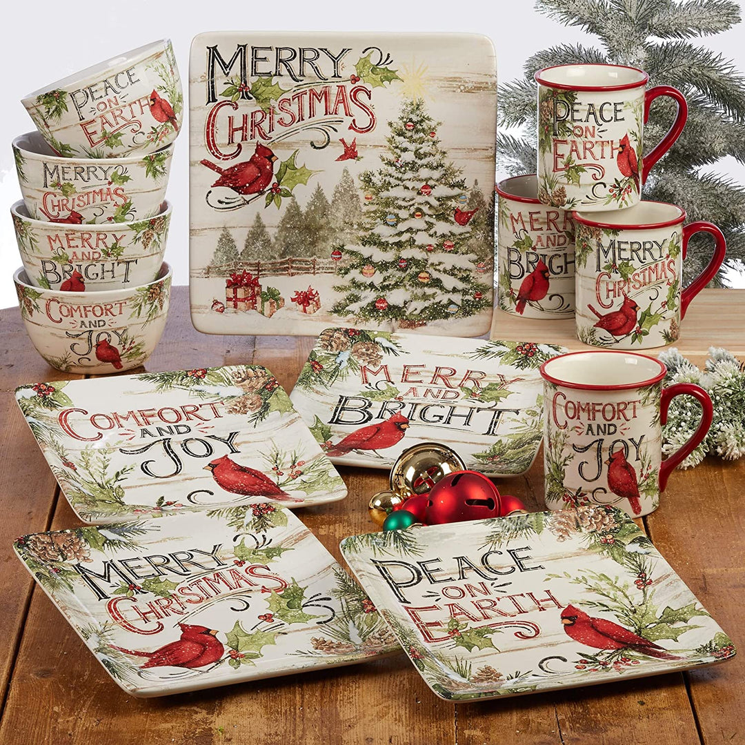 Christmas Rectangular Platter Green Color Red Floral Modern Contemporary Transitional Rectangle Ceramic 1 Piece Dishwasher Safe - Diamond Home USA