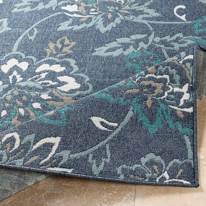 Navy Floral Indoor/Outdoor Area Rug 5'3" Round Blue Botanical Transitional Polypropylene Latex Free