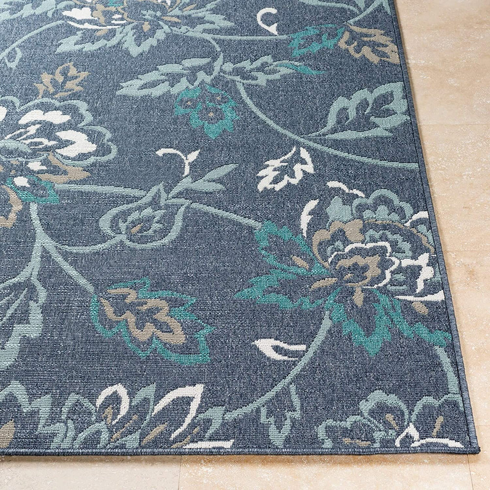 MISC Floral Indoor/Outdoor Area Rug 8'9" Round Blue Botanical Transitional Olefin Synthetic Latex Free Pet Friendly Stain Resistant