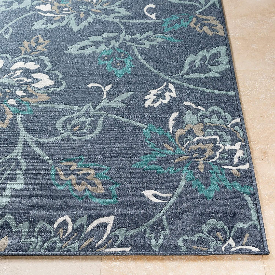 MISC Floral Indoor/Outdoor Area Rug 8'9" Round Blue Botanical Transitional Olefin Synthetic Latex Free Pet Friendly Stain Resistant
