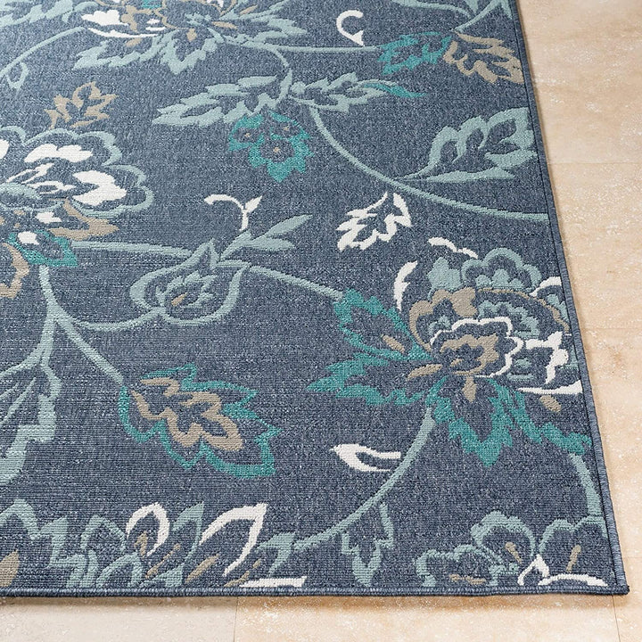 MISC Floral Indoor/Outdoor Area Rug 8'9" Round Blue Botanical Transitional Olefin Synthetic Latex Free Pet Friendly Stain Resistant