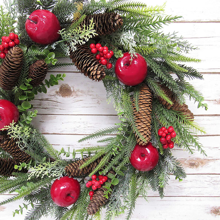 Mixed Apple Berry Pine Cone Eucalyptus Wreath 24in Red Green 24" L X W 5 5" Dp Un lit - Diamond Home USA