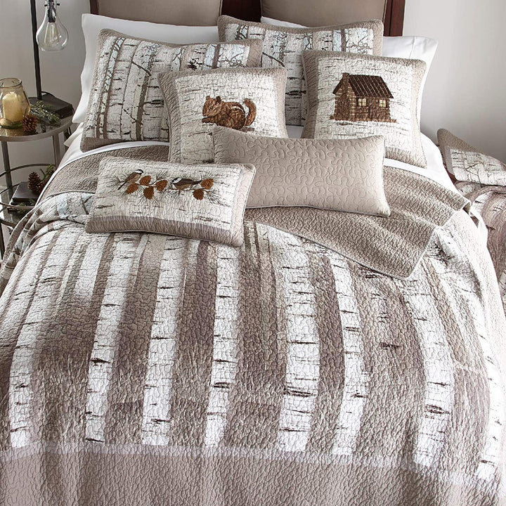 Birch Forest Decorative Pillow Grey Embroidered Cabin Lodge Cotton Removable Cover - Diamond Home USA