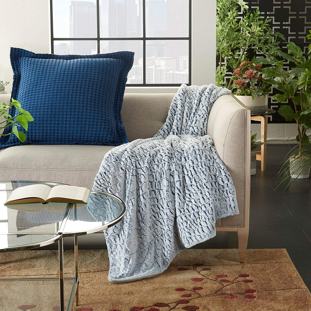 Wavy Faux Fur Throw Blanket Blue White Solid Color Glam