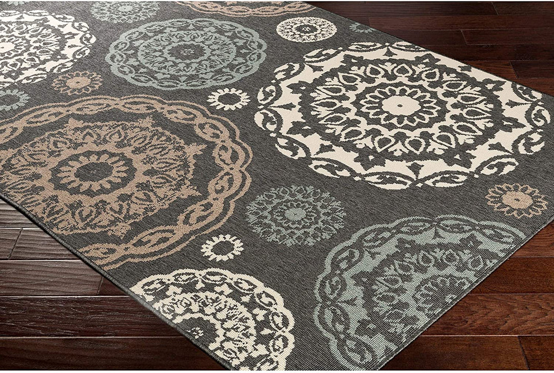 Transitional Indoor/Outdoor Area Rug 3'7" X 5'7" Black Blue Cream Medallion Rectangle Olefin Latex Free Pet Friendly Stain Resistant - Diamond Home USA