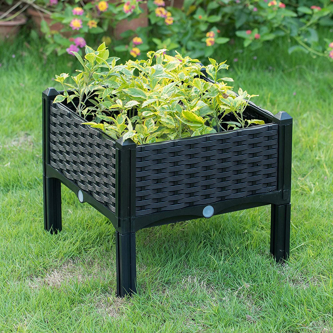 Rattan Raised Garden Bed Flower Planter Brown Square Plastic Drainage Holes - Diamond Home USA