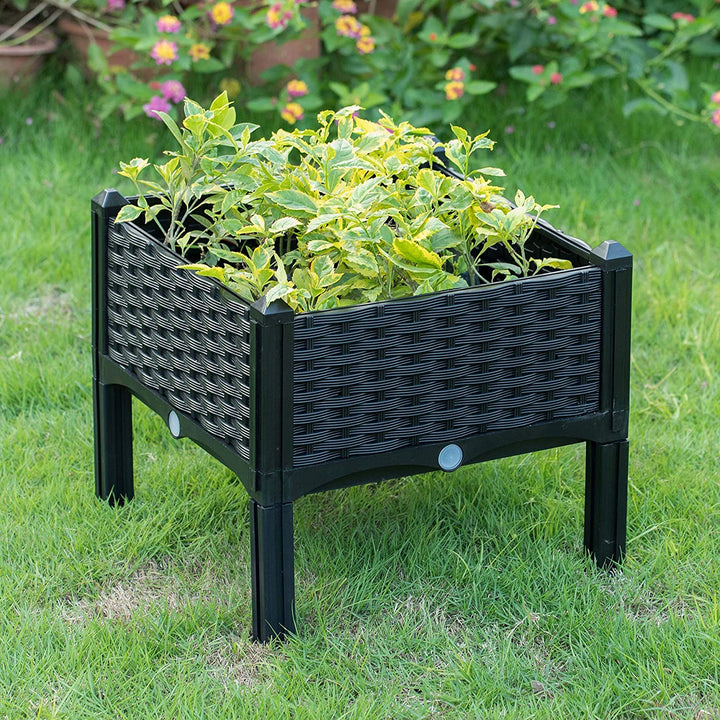 Rattan Raised Garden Bed Flower Planter Brown Square Plastic Drainage Holes - Diamond Home USA