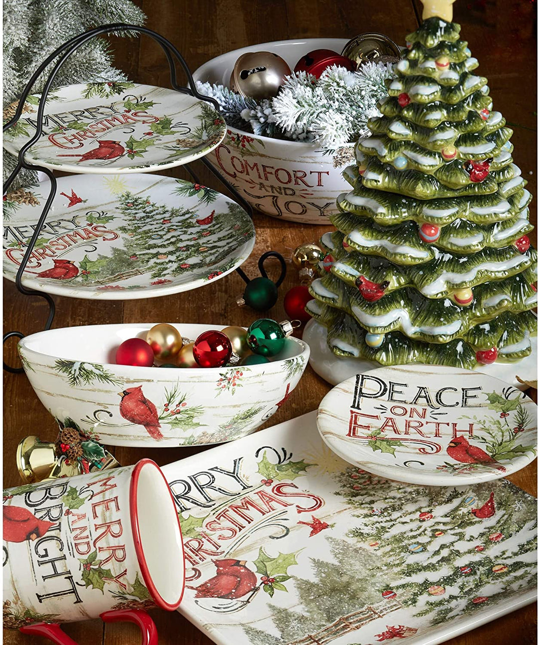 Christmas Rectangular Platter Green Color Red Floral Modern Contemporary Transitional Rectangle Ceramic 1 Piece Dishwasher Safe - Diamond Home USA