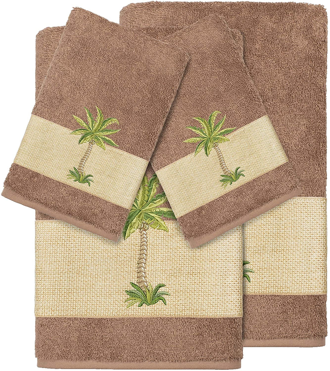 Turkish Cotton Palm Tree Embroidered Latte Brown 4 Piece