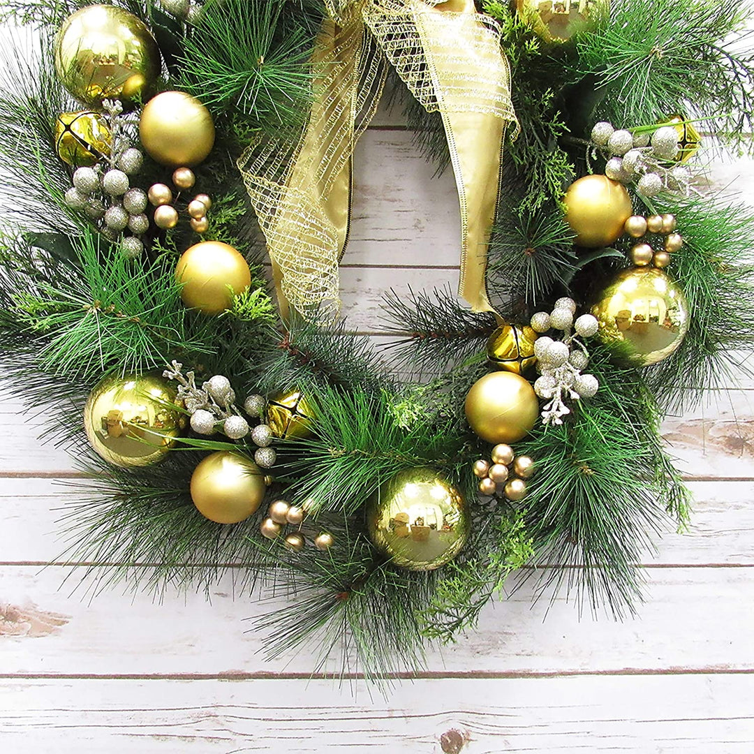 Deluxe Gold Ornament Bell Berry Pine Wreath 24in 24" L X W 6" Dp Un lit - Diamond Home USA