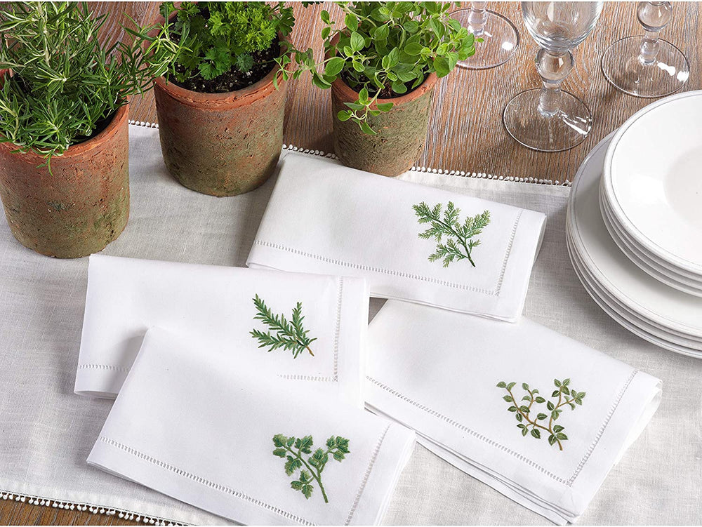 Parsley Embroidered Hemstitched Cotton Napkin (Set 6) White Solid Country Farmhouse Rustic Square - Diamond Home USA