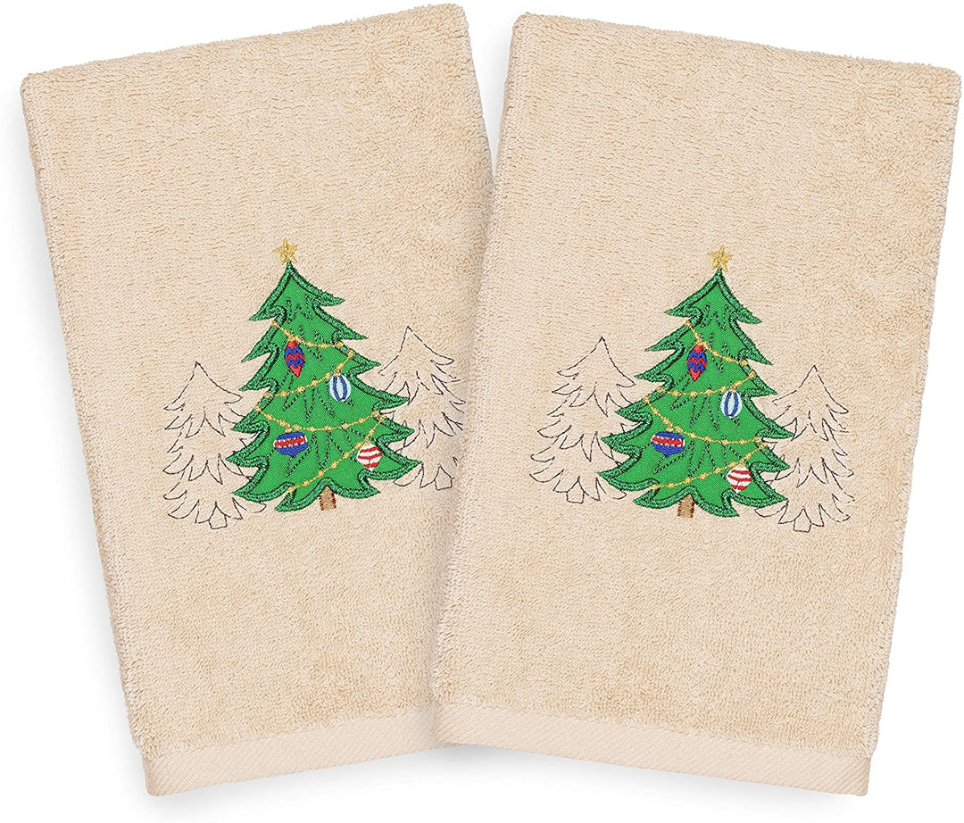 Turkish Cotton Christmas Trees Beige Set 2 Hand Towels Brown