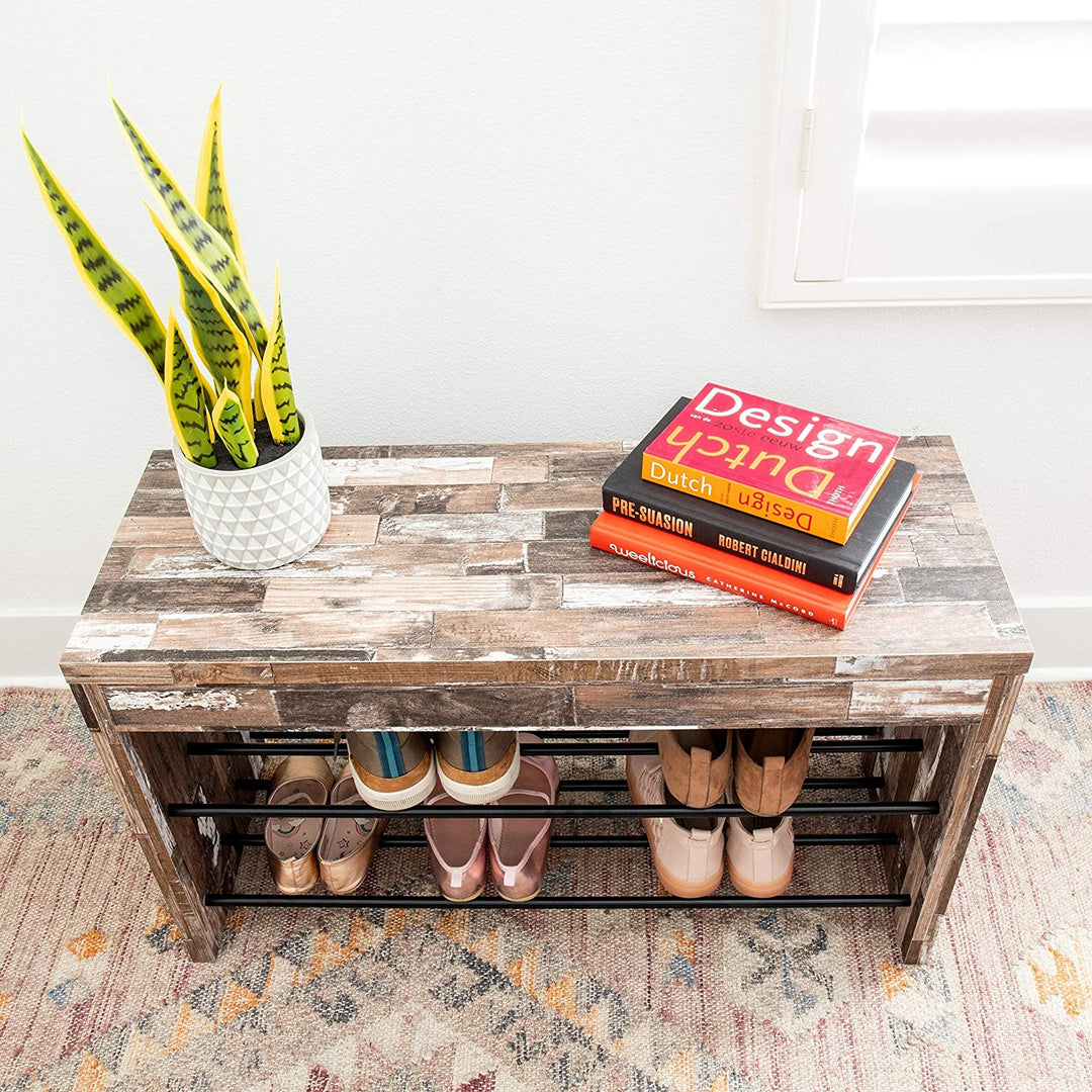 MISC Two Tier Industrial Shoe Bench Distressed Wood Finish Brown Striped Pattern Iron