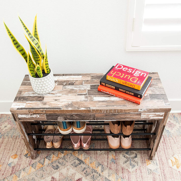 MISC Two Tier Industrial Shoe Bench Distressed Wood Finish Brown Striped Pattern Iron