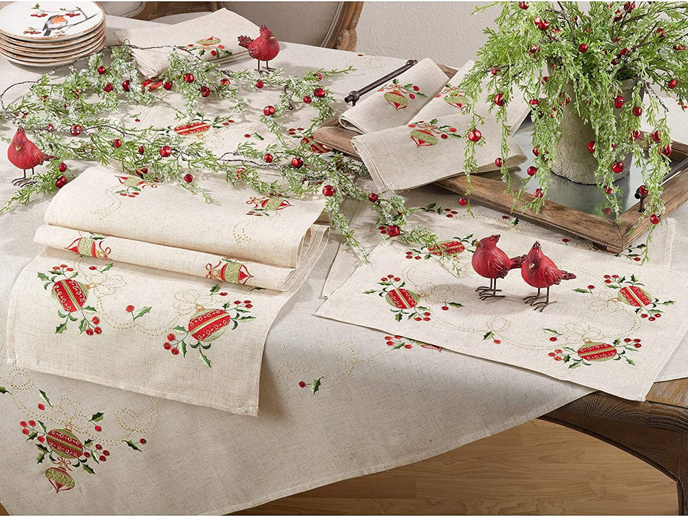 Embroidered Ornament Design Christmas Holiday Linen Blend Napkin Set 4 Brown Tan Casual Novelty Traditional Square Polyester - Diamond Home USA