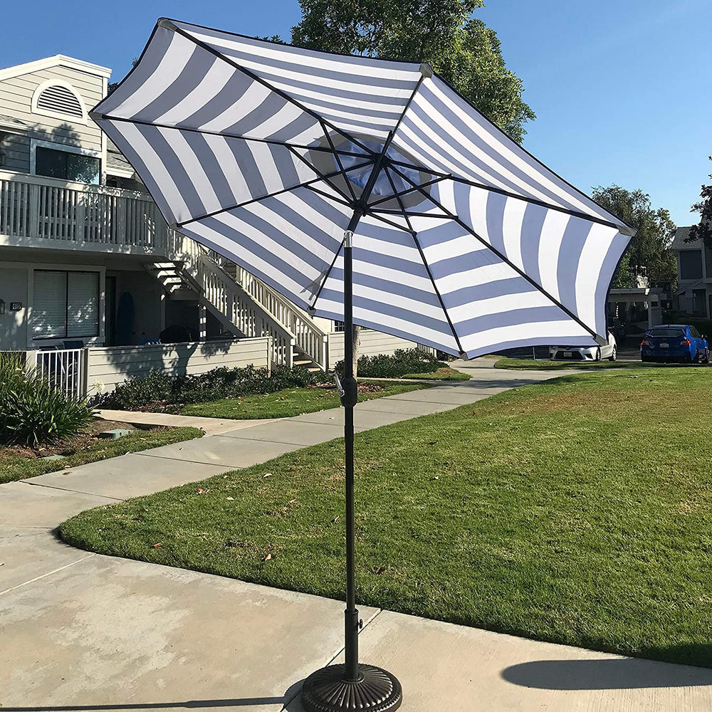 9 Feet Blue/White Strip Patio Umbrella Tilt Crank Blue White Stripe Market Modern Contemporary Round Polyester Steel Lift - Diamond Home USA
