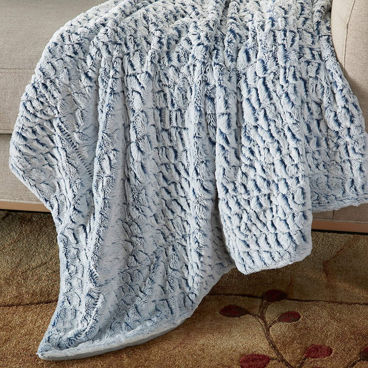 MISC Wavy Faux Fur Throw Blanket Blue White Solid Color Glam Acrylic