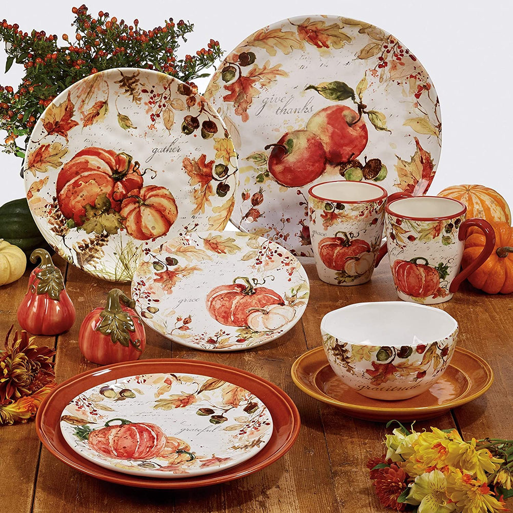 Harvest Splash Salad Plates Set 4 Green Orange White Garden Casual Country Round Ceramic Piece Dishwasher Safe Microwave - Diamond Home USA