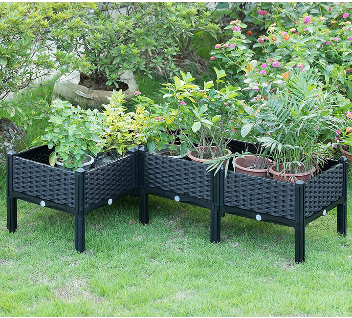 Rattan Raised Garden Bed Flower Planter Brown Square Plastic Drainage Holes - Diamond Home USA