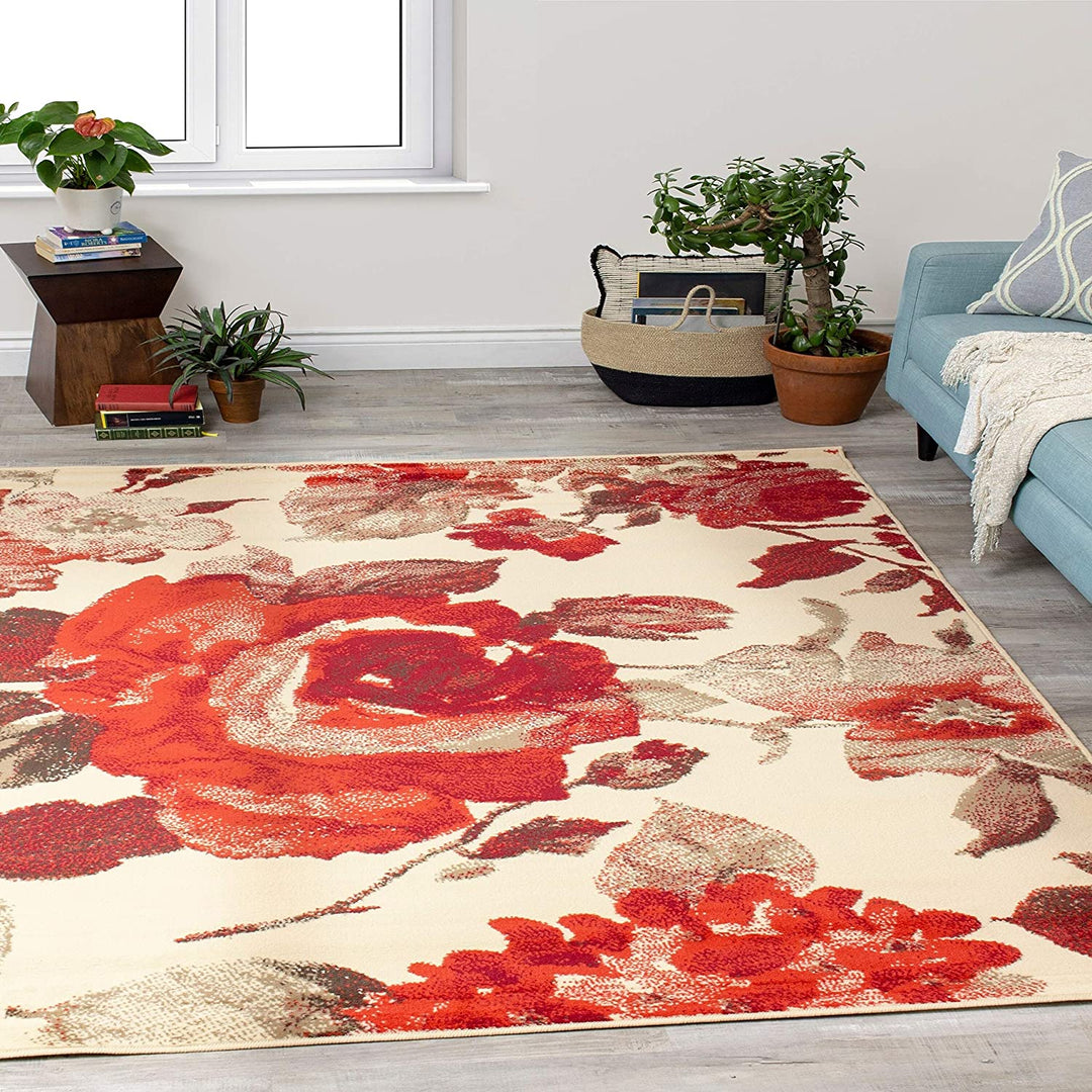 Cream Red Vintage Botanical Rug 5'3" X 7'4" Floral Modern