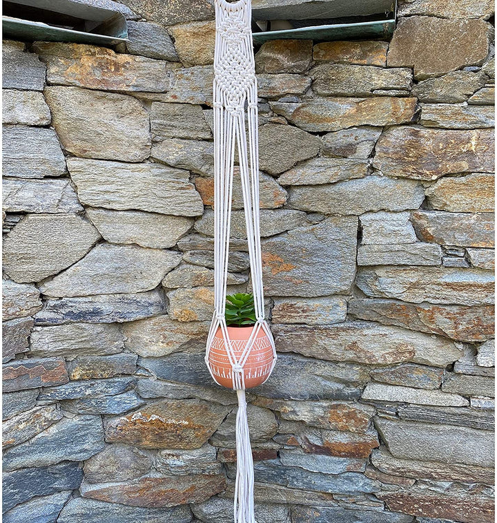 43" H Hanging Macrame Planter Hanger White Mid Century