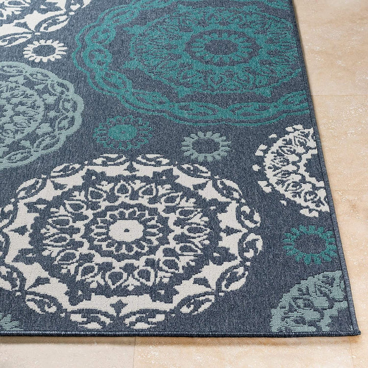 MISC Transitional Indoor/Outdoor Area Rug 8'9" Round Blue Medallion Olefin Synthetic Latex Free Pet Friendly Stain Resistant