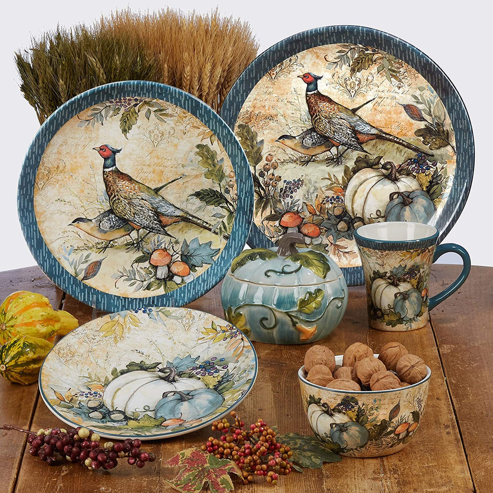 Harvest Gatherings 11" Dinner Plates (Set 4) Blue Color Off White Animal Farmhouse Modern Contemporary 4 Piece Dishwasher Safe Microwave