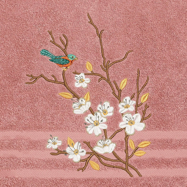 Turkish Cotton Blue Bird Embroidered Tea Rose 4 Piece Towel Set Pink Terry Cloth - Diamond Home USA