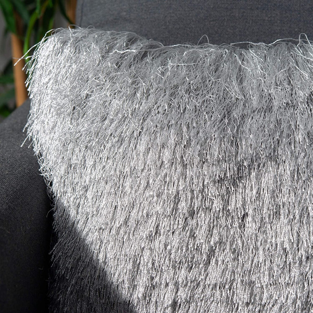 Shag Decorative Pillow Silver Silver Textured Bohemian Eclectic Casual Glam Polyester Single Removable Cover - Diamond Home USA