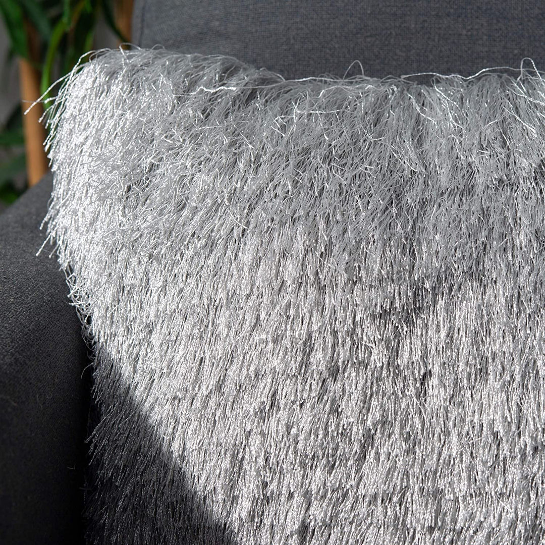 Shag Decorative Pillow Silver Silver Textured Bohemian Eclectic Casual Glam Polyester Single Removable Cover - Diamond Home USA
