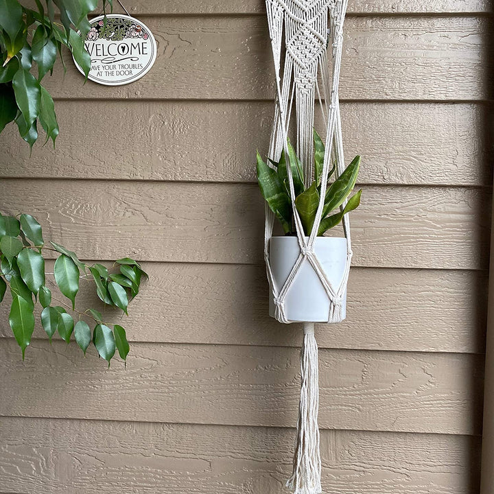 33" H Hanging Macrame Planter Hanger White Mid Century