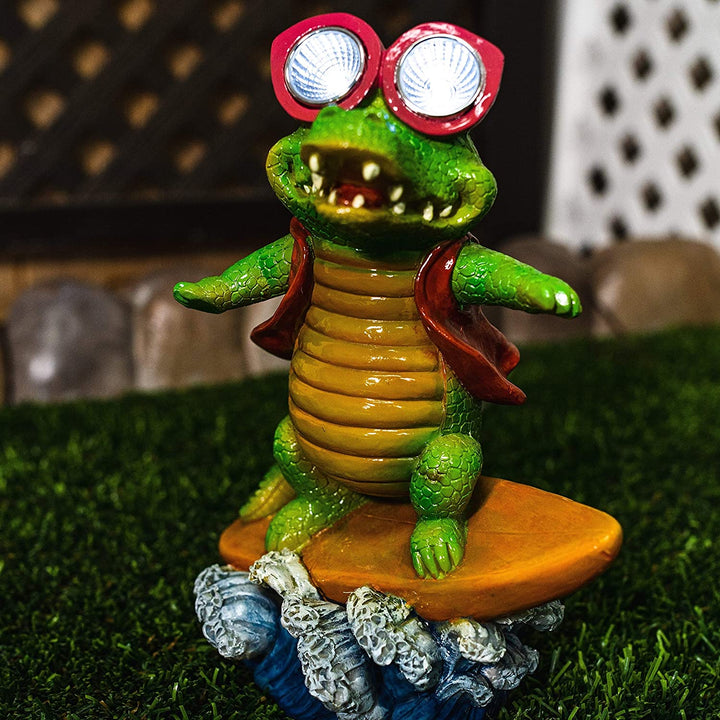 MISC Solar Crocodile Statue Surfing Green Polyresin Painted