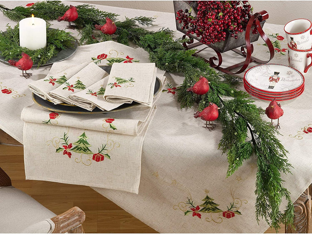 Embroidered Christmas Tree Table Runner Tan Traditional Polyester - Diamond Home USA