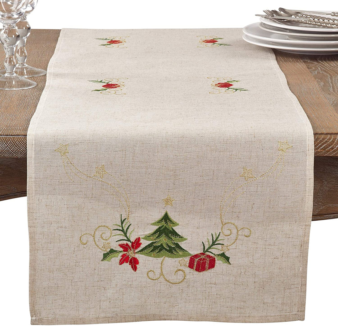 Embroidered Christmas Tree Table Runner Tan Traditional