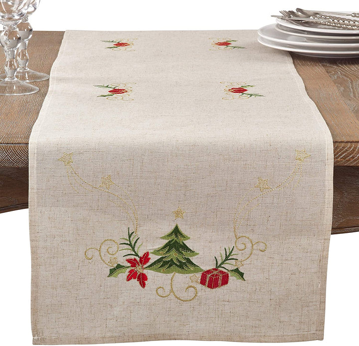 Embroidered Christmas Tree Table Runner Tan Traditional