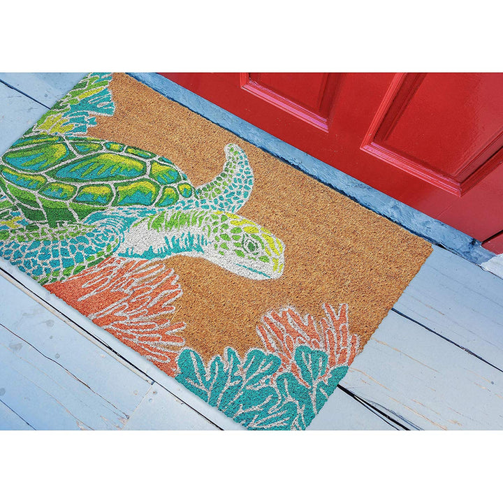 Giant Seaturtle Doormat Teal Coral Blue Green Seaturtle Ocean Life Design Front Door Mat Sea Turtle Nautical Beach Themed Rug Adorable Outdoor Carpet